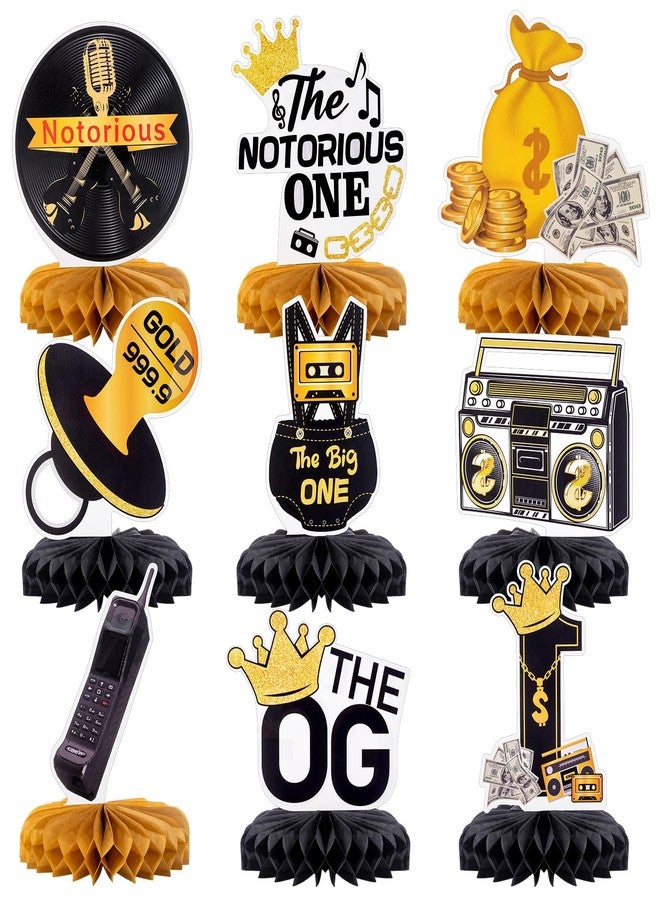 Weekgrat 9 Pcs the Notorious One Birthday Honeycomb Centerpieces Decorations Notorious One Theme First Birthday Table Centerpiece Hip Hop 1st Black and Gold Decor for 1st Year Old Baby Supply - Image 1